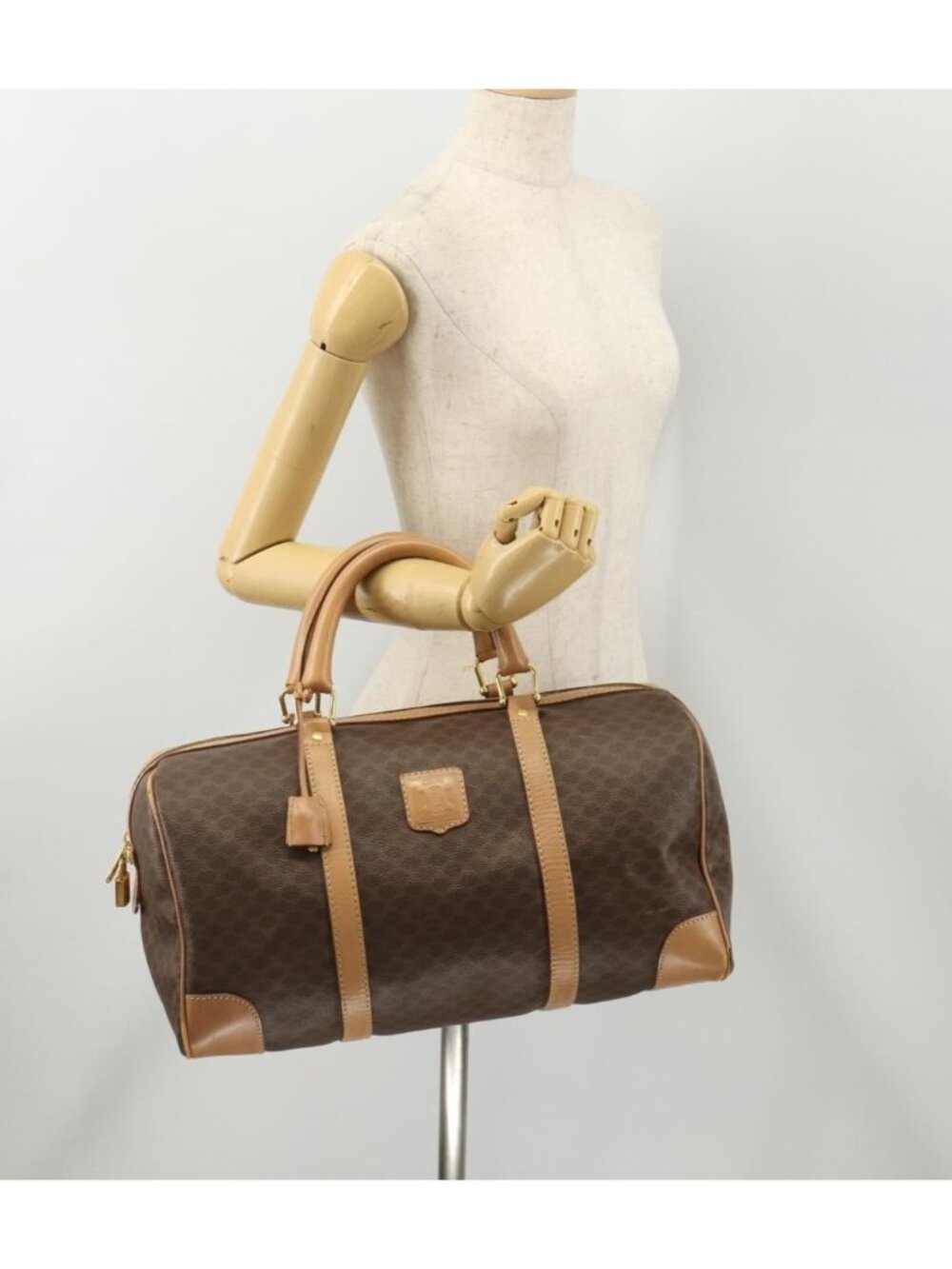 CELINE Macadam Canvas Boston Bag PVC Leather Brown Gold - Picture 16 of 16